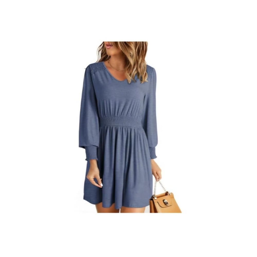 A-Line Mini Dress Women 2XL Blue Smocked Waist V-Neck Longā Sleeve Pocket